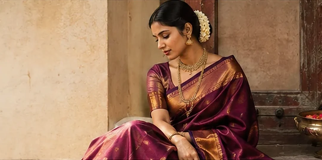 Woman in a wine silk saree seated beside a brass lamp