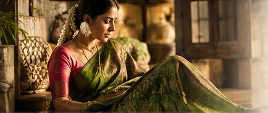 Bride in a green and pink silk saree