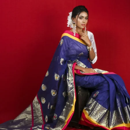 Woman in a royal blue silk saree with a gold border