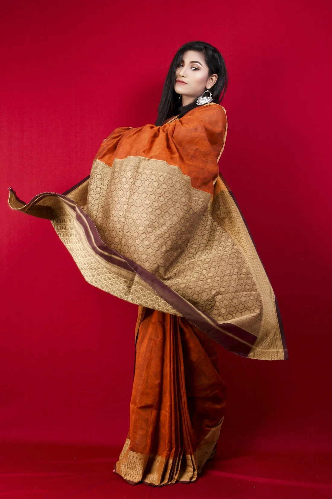 Woman in a rust and beige silk saree