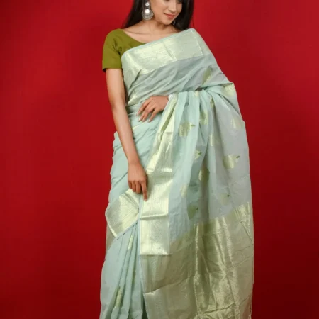 Woman in a mint green tissue silk saree