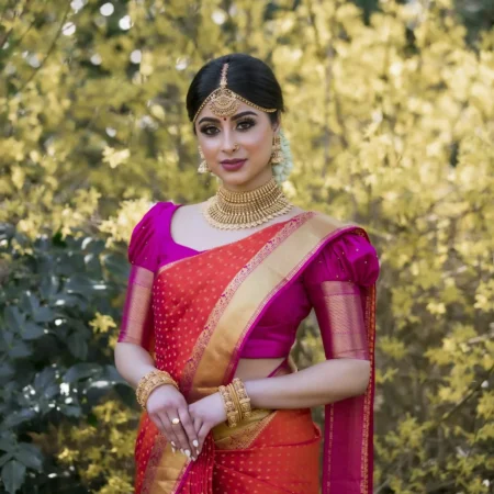 Bride in a red and pink silk saree